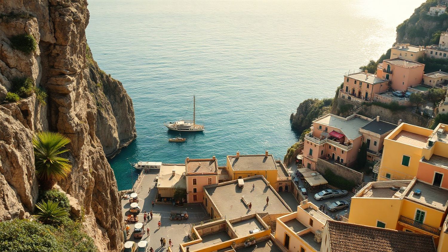 Cliffside village above a turquoise sea