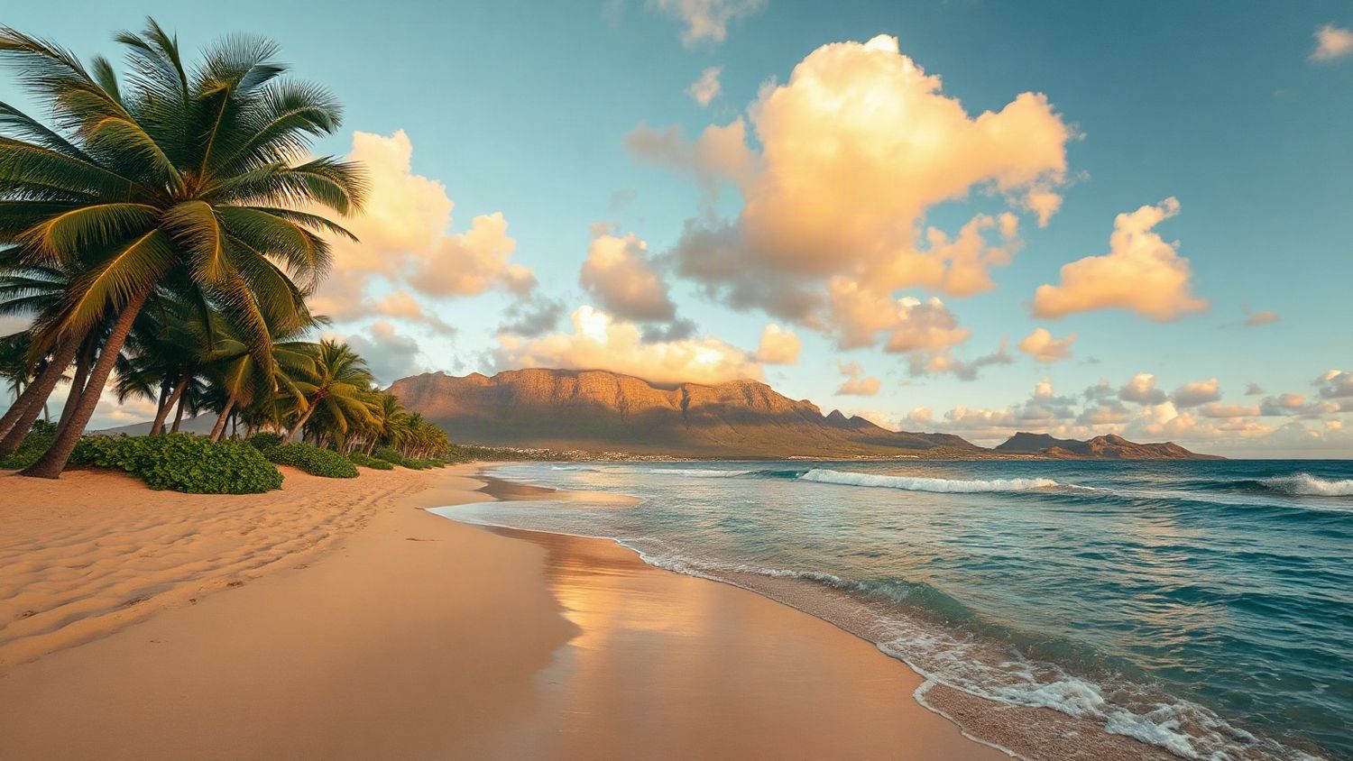 Palm-lined beach at sunset