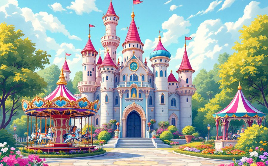 A colorful fantasy castle and carousel