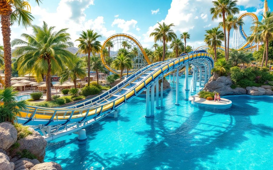 A roller coaster over sparkling blue water