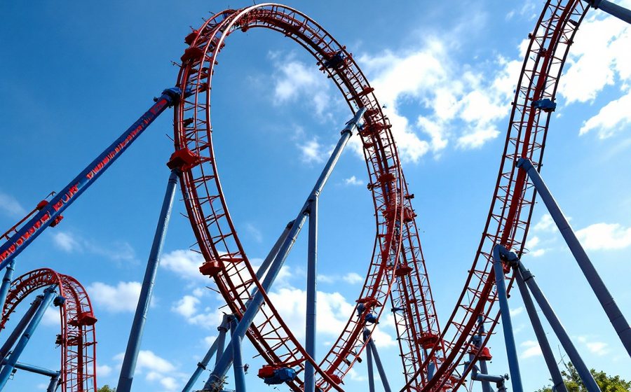 A tall steel roller coaster against a blue sky