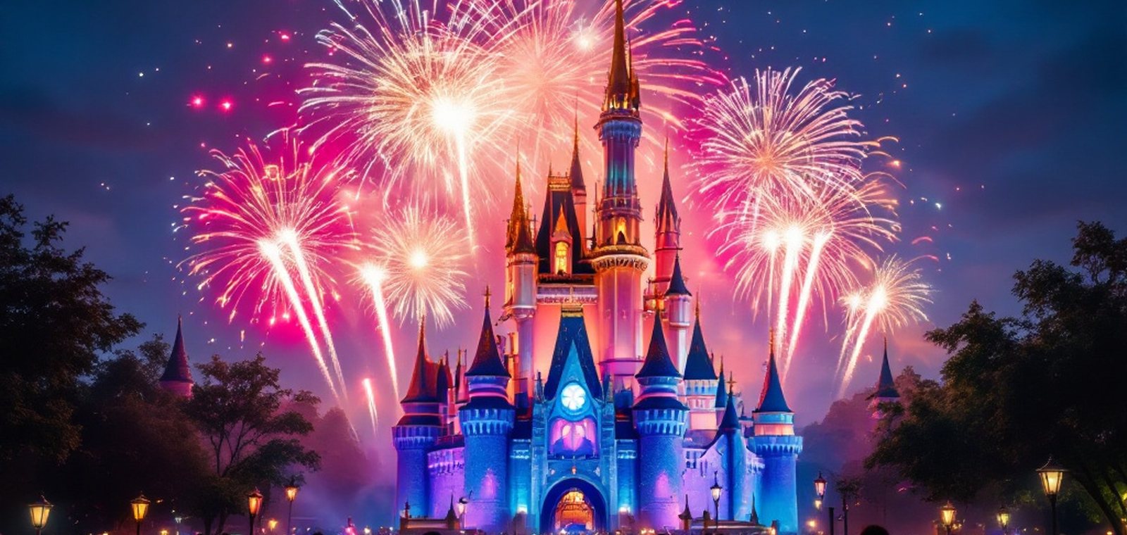 An illuminated fantasy castle with fireworks at dusk