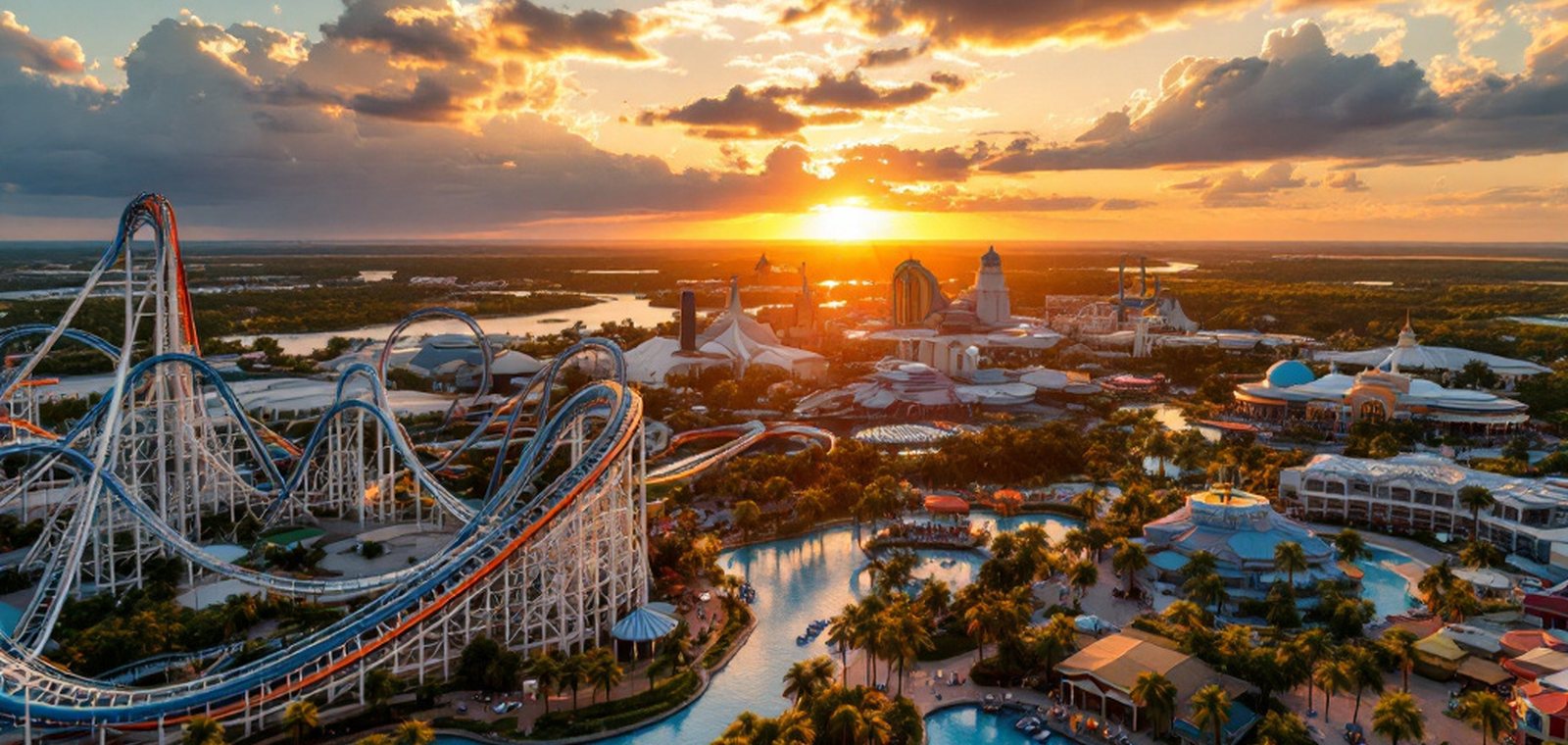 Aerial view of an Orlando theme-park district at sunset