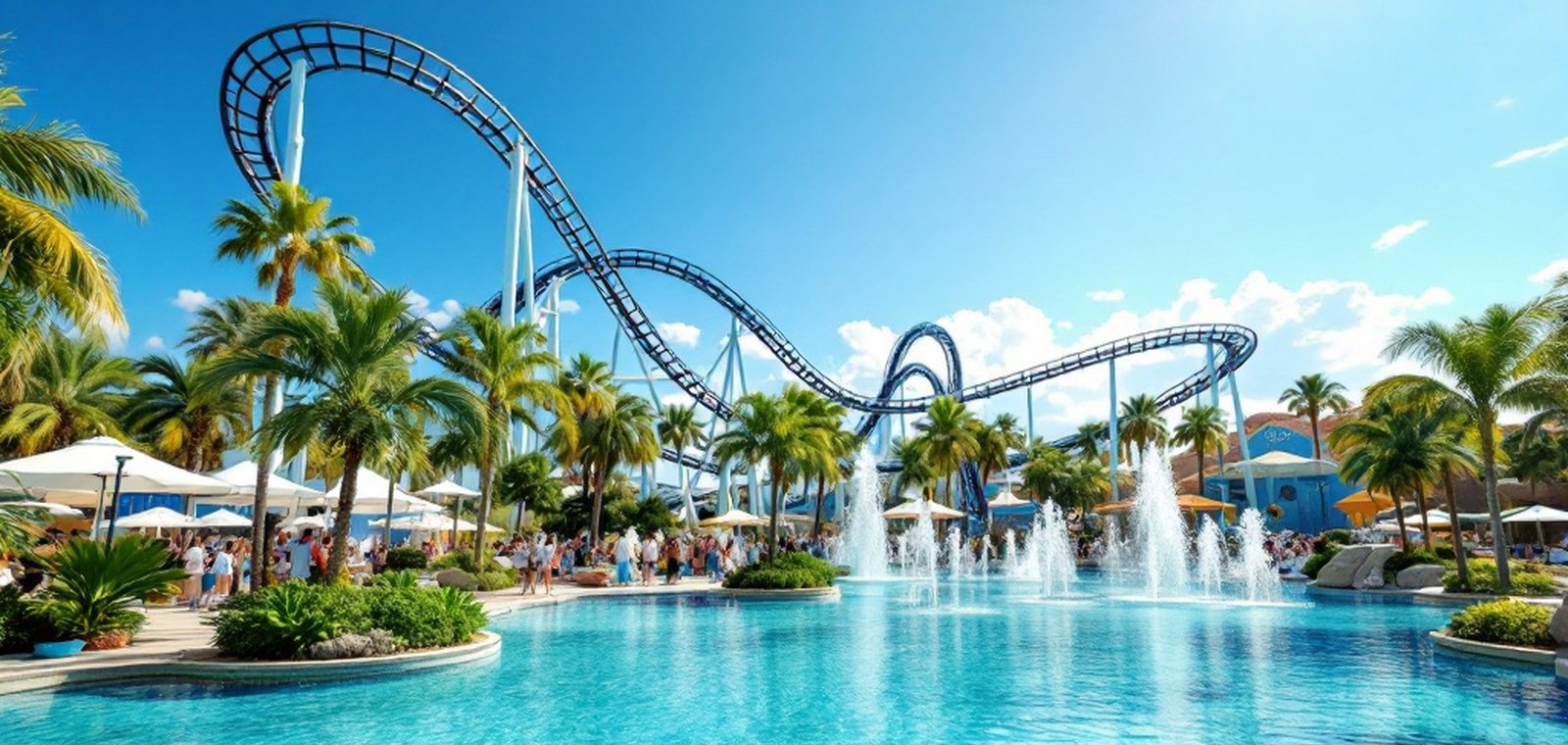 A roller coaster curving over a blue lagoon